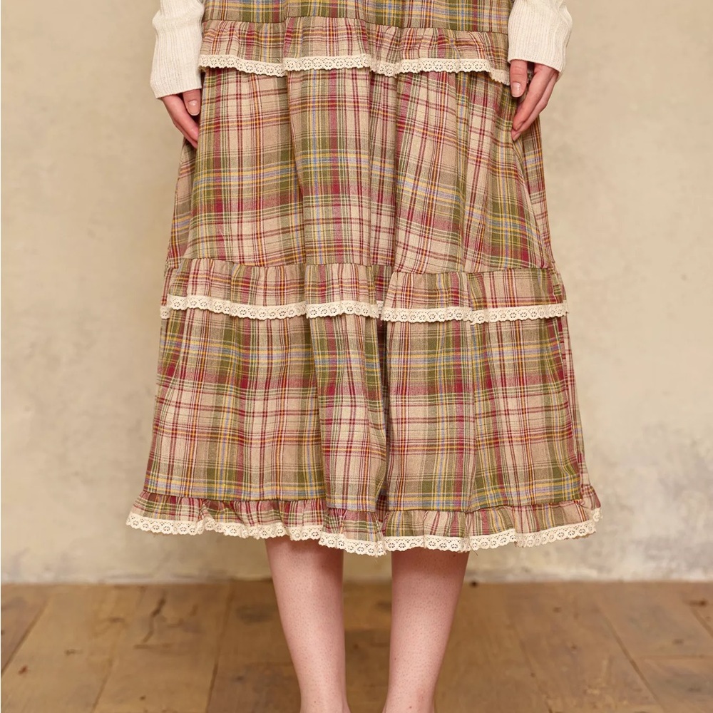 Rosie Pope Plaid Tiered Midi Skirt with white trim NWT